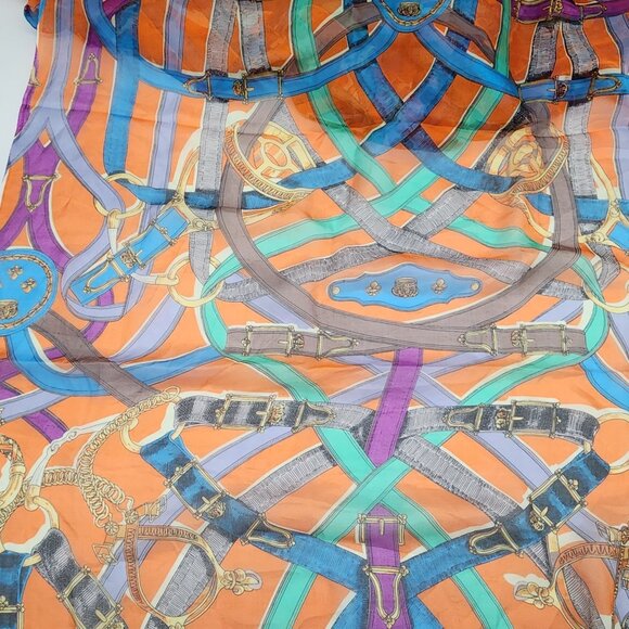 Vintage Sheer Fabric Orange With Belts Equestrian Design Royal 2 yds 53" - Picture 2 of 6